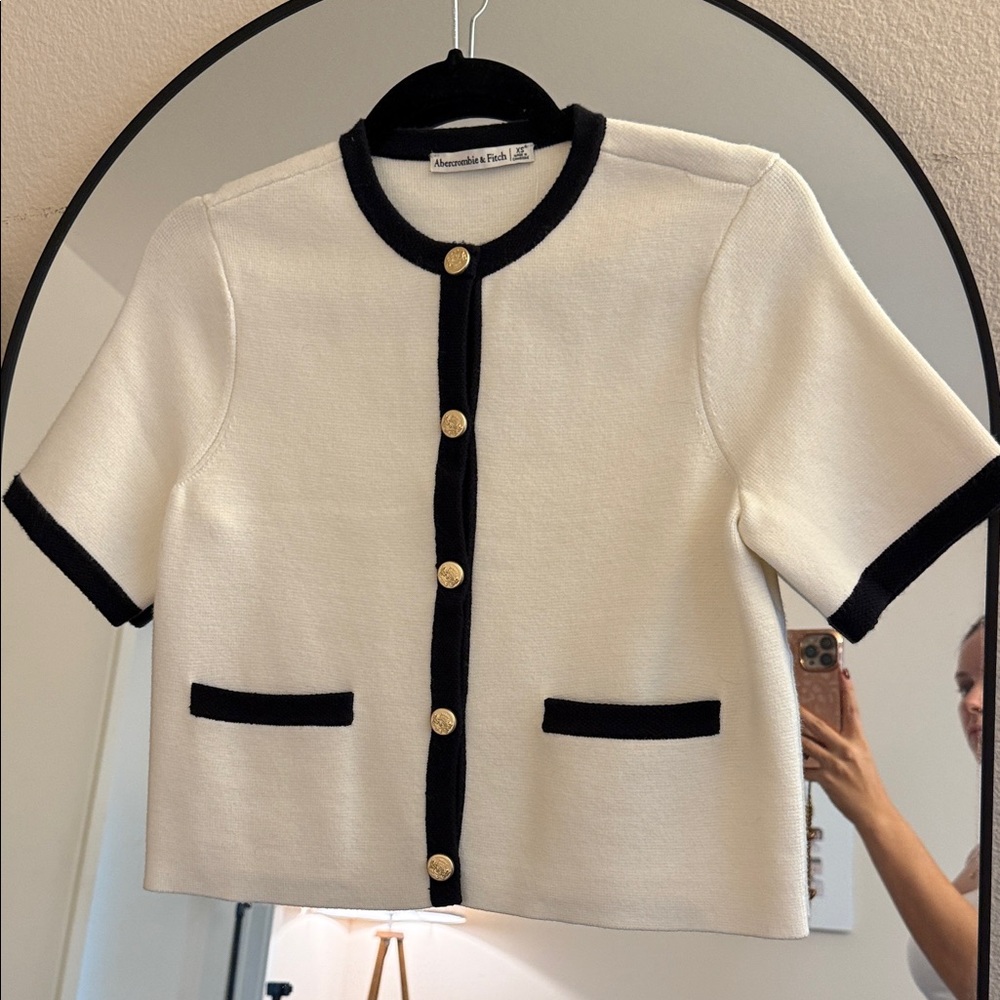 Abercrombie & Fitch White Cardigan with Black Trim and Gold Buttons